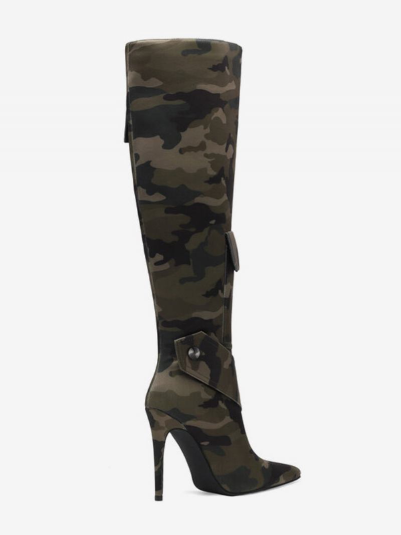 Botas Femininas Cano Alto Com Estampa Camuflada E Detalhes Rebites Bolso Salto - Caçador Verde