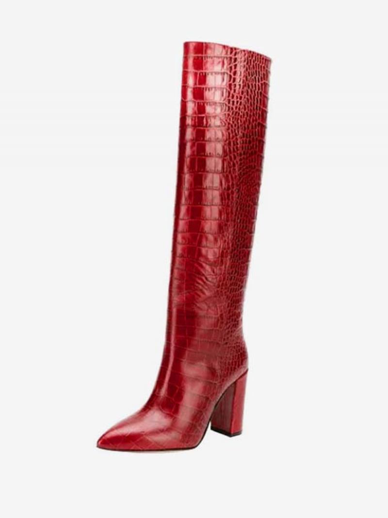 Botas Femininas Cano Alto Com Estampa Crocodilo E Salto Grosso - Vermelho