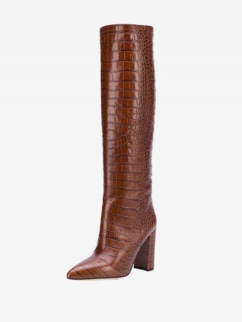 Botas Femininas Cano Alto Com Estampa Crocodilo E Salto Grosso - Castanho Profundo