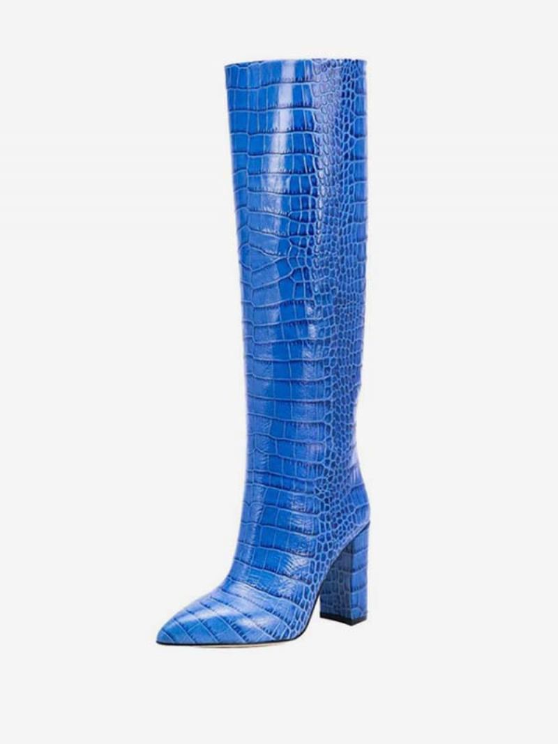 Botas Femininas Cano Alto Com Estampa Crocodilo E Salto Grosso - Azul