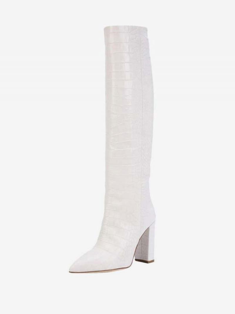 Botas Femininas Cano Alto Com Estampa Crocodilo E Salto Grosso - Branco