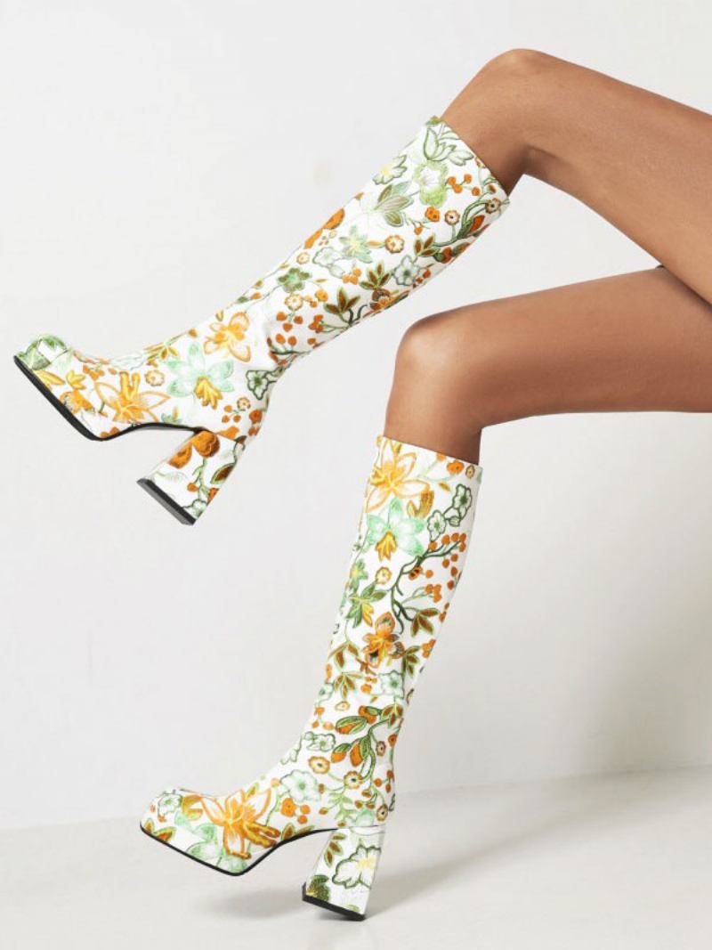 Botas Femininas Cano Alto Com Estampa Flores E Salto Bloco Plataforma