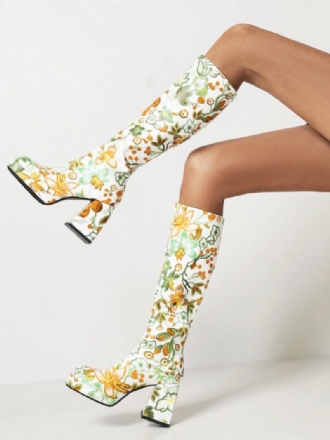 Botas Femininas Cano Alto Com Estampa Flores E Salto Bloco Plataforma