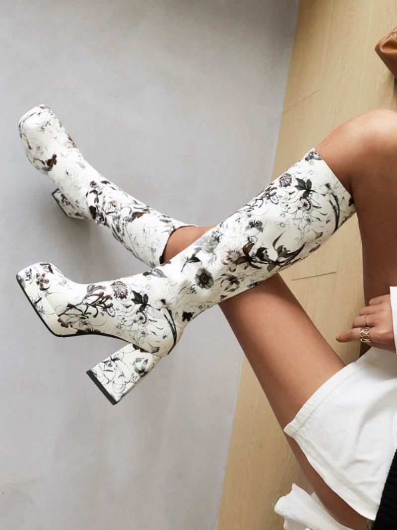 Botas Femininas Cano Alto Com Estampa Flores E Salto Bloco Plataforma - Branco