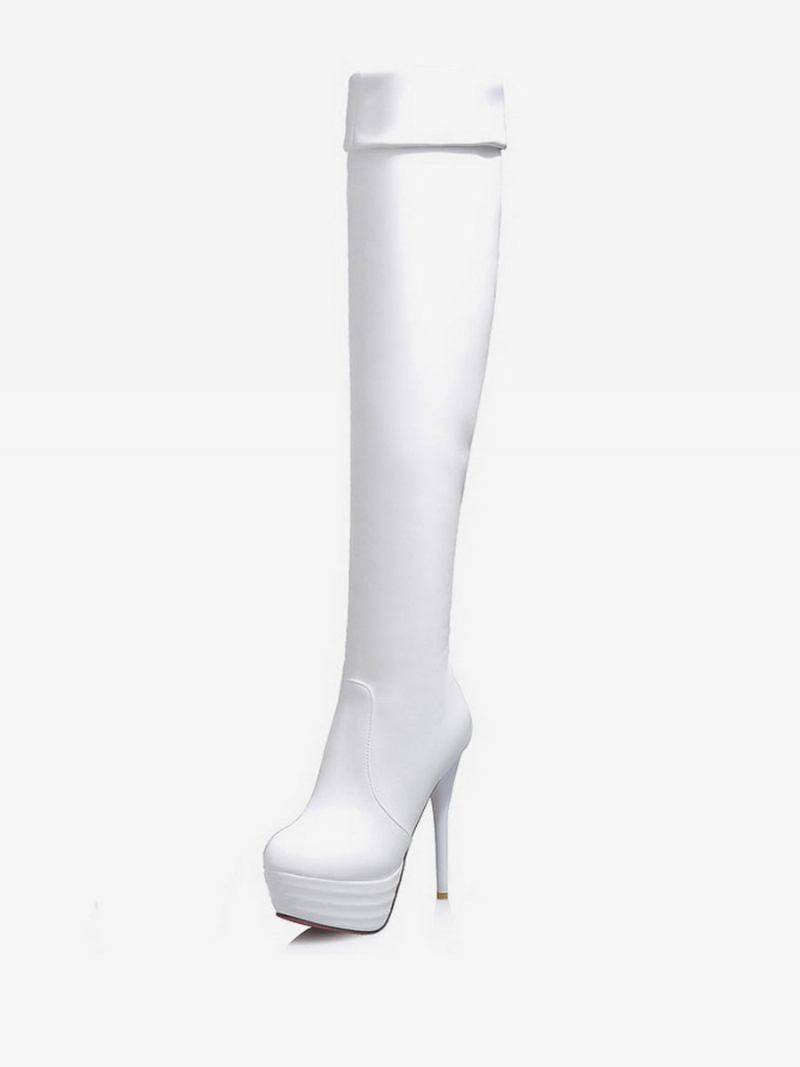 Botas Femininas Cano Alto Com Plataforma Cor Sólida Couro Brilhante Bico Redondo Salto Agulha - Branco