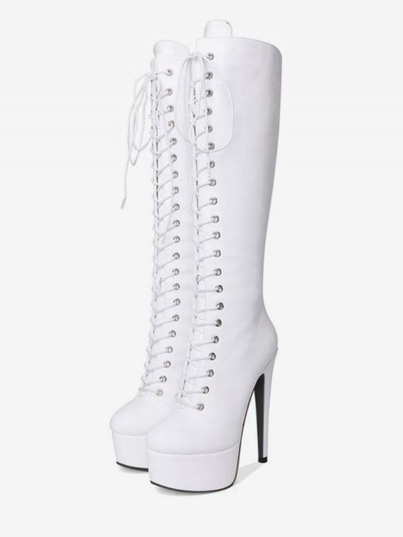 Botas Femininas Cano Alto Com Plataforma E Cor Sólida Cadarço Bico Redondo Salto Agulha - Branco