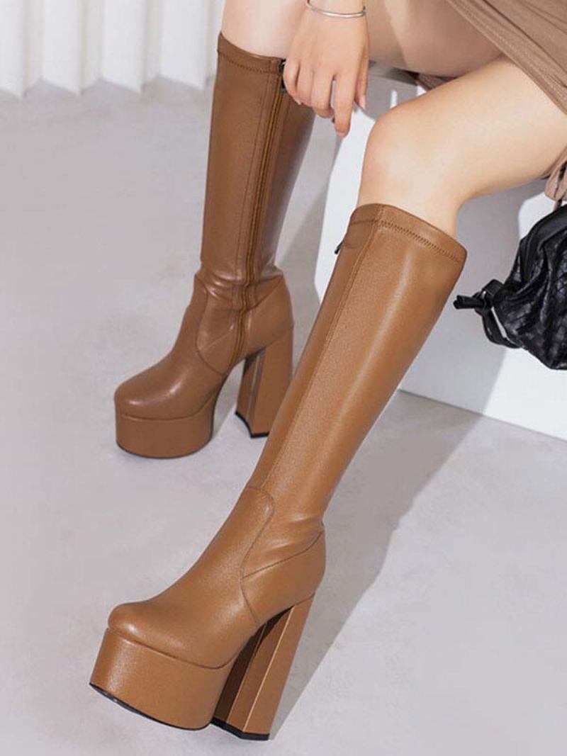 Botas Femininas Cano Alto Com Plataforma E Salto Grosso