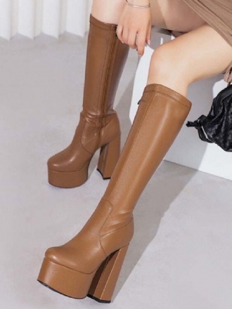 Botas Femininas Cano Alto Com Plataforma E Salto Grosso