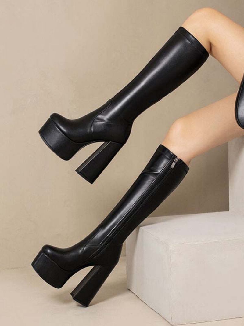 Botas Femininas Cano Alto Com Plataforma E Salto Grosso - Preto