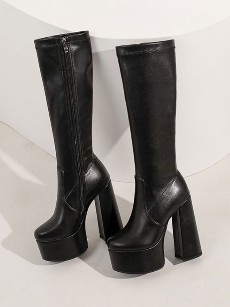 Botas Femininas Cano Alto Com Plataforma E Salto Grosso - Preto