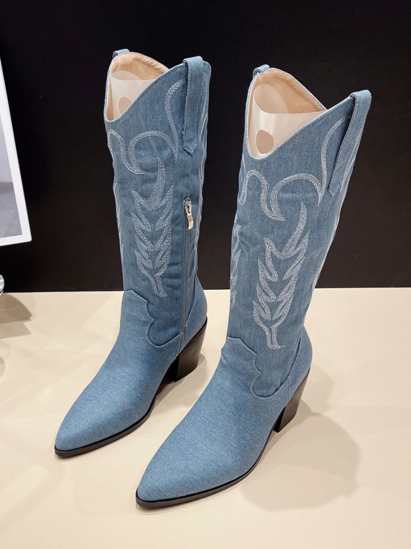 Botas Femininas Cano Alto Com Salto Grosso E Ocidentais - Azul Céu Claro