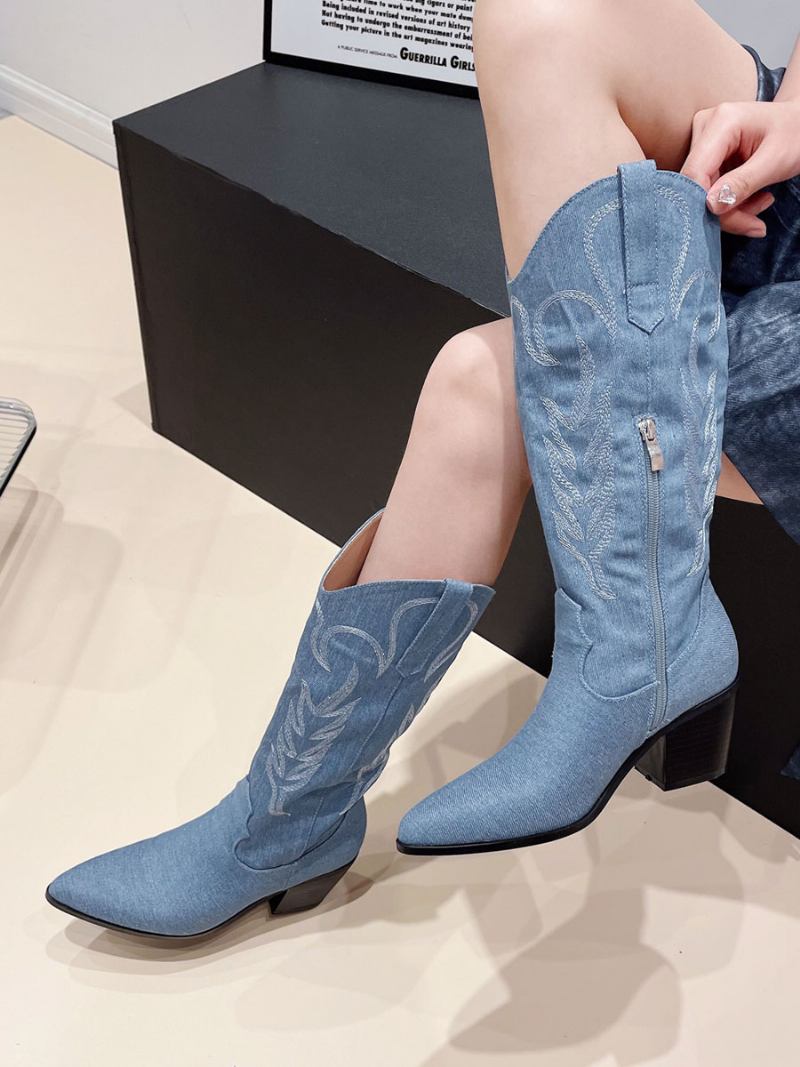 Botas Femininas Cano Alto Com Salto Grosso E Ocidentais - Azul Céu Claro