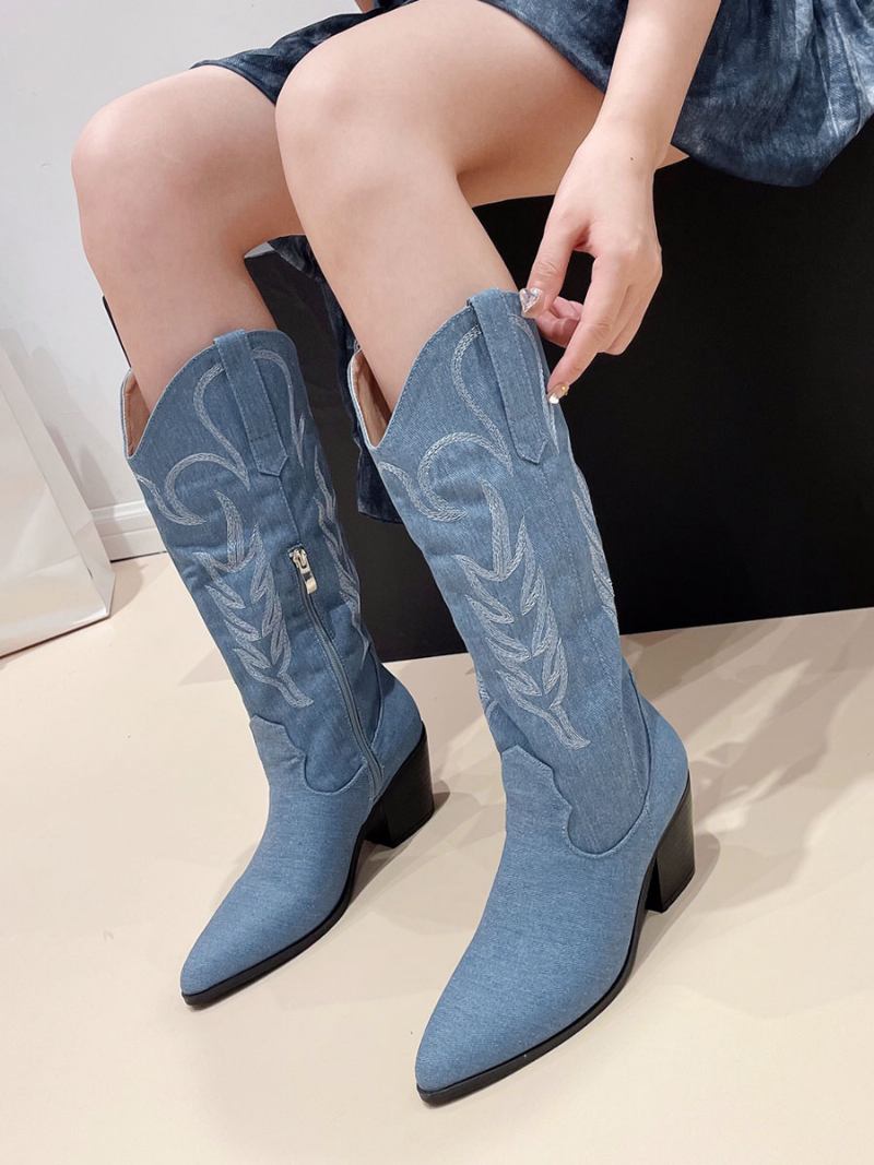 Botas Femininas Cano Alto Com Salto Grosso E Ocidentais - Azul Céu Claro