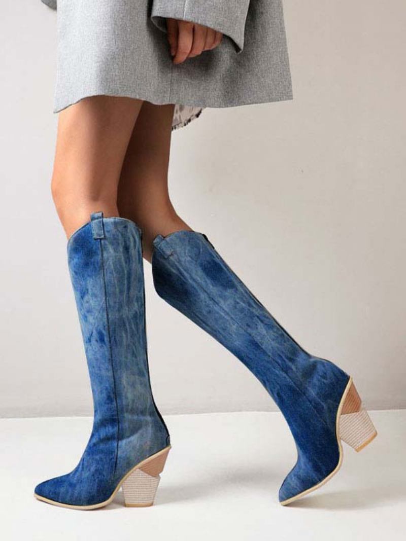 Botas Femininas Cano Alto Couro Branco Bico Fino Salto Grosso Na Altura Do Joelho Para Mulheres - Azul 