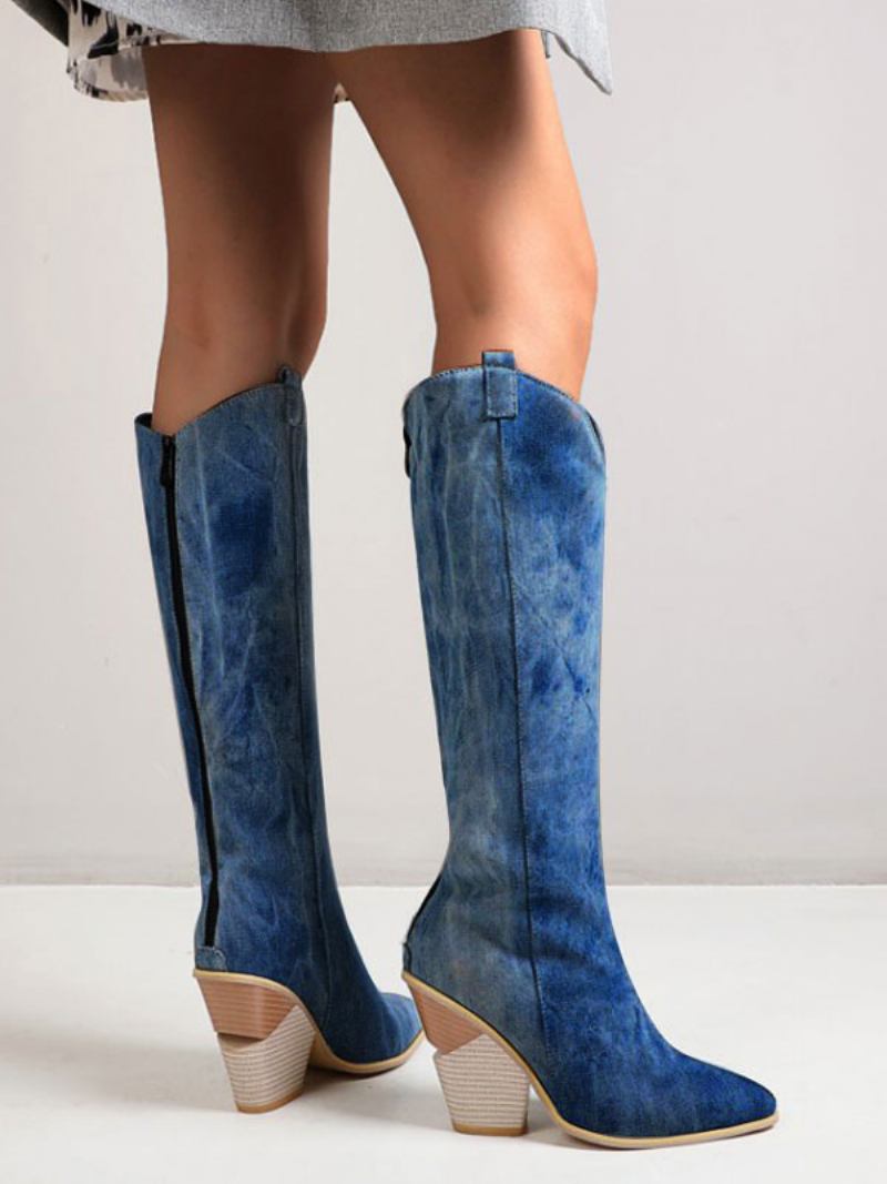 Botas Femininas Cano Alto Couro Branco Bico Fino Salto Grosso Na Altura Do Joelho Para Mulheres - Azul 