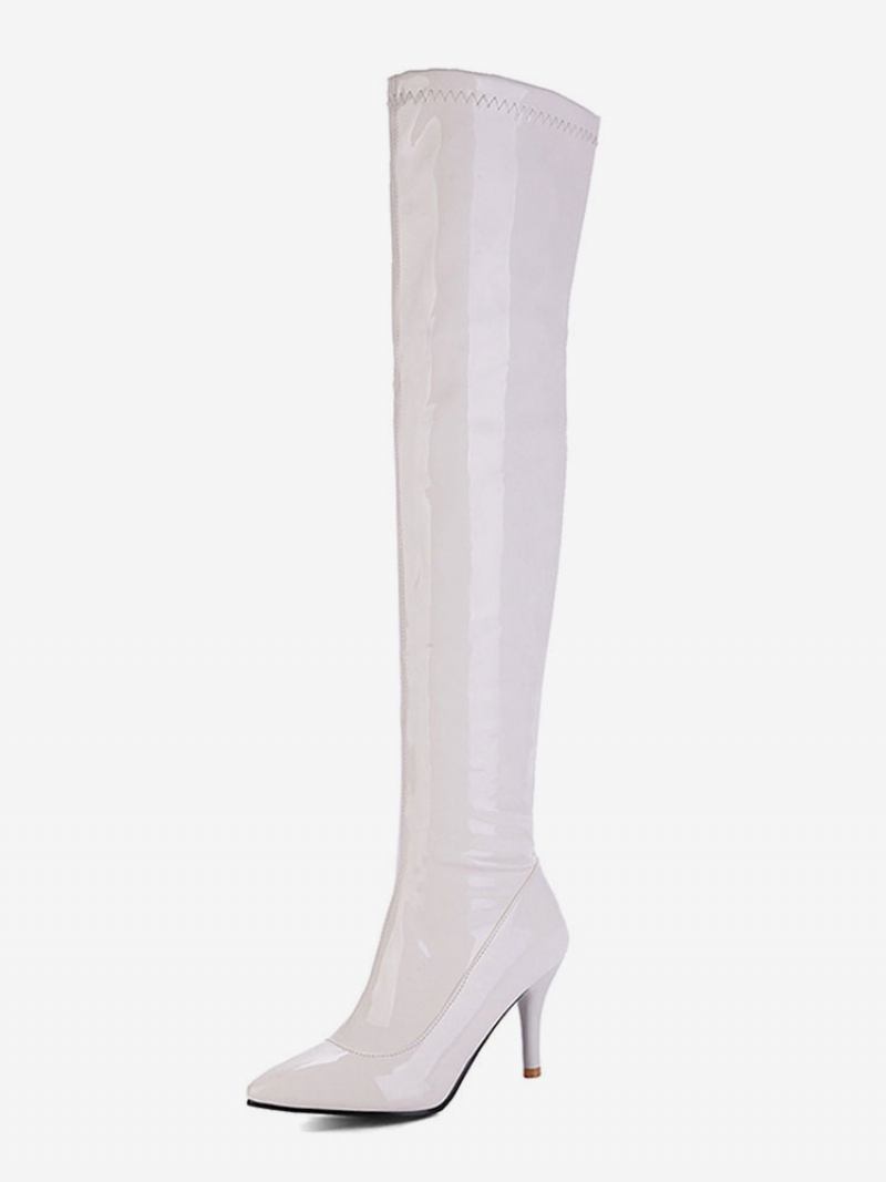 Botas Femininas Cano Alto Couro Envernizado Bico Fino Brilhante Salto Agulha - Branco