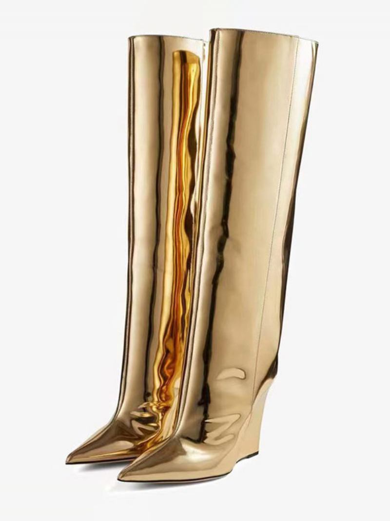 Botas Femininas Cano Alto Douradas Chiques Com Bico Fino E Salto Em Cunha - Ouro