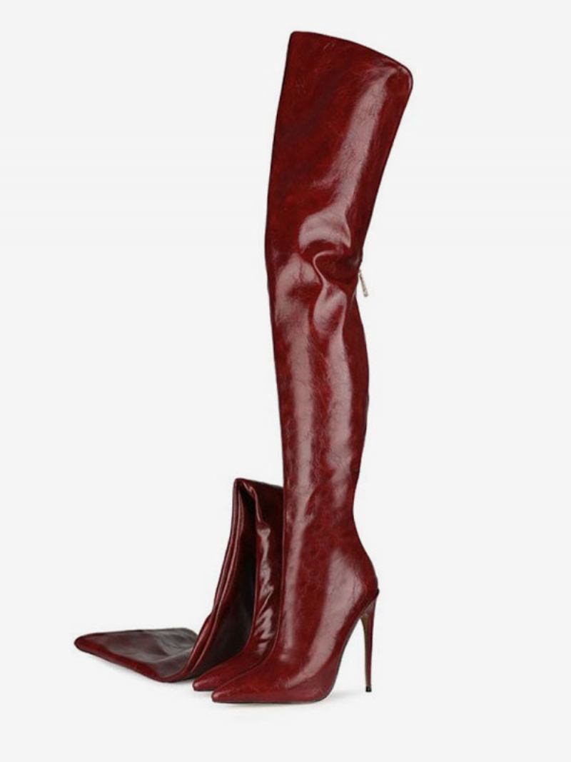 Botas Femininas Cano Alto Em Couro Pu Borgonha Bico Fino Stiletto Salto