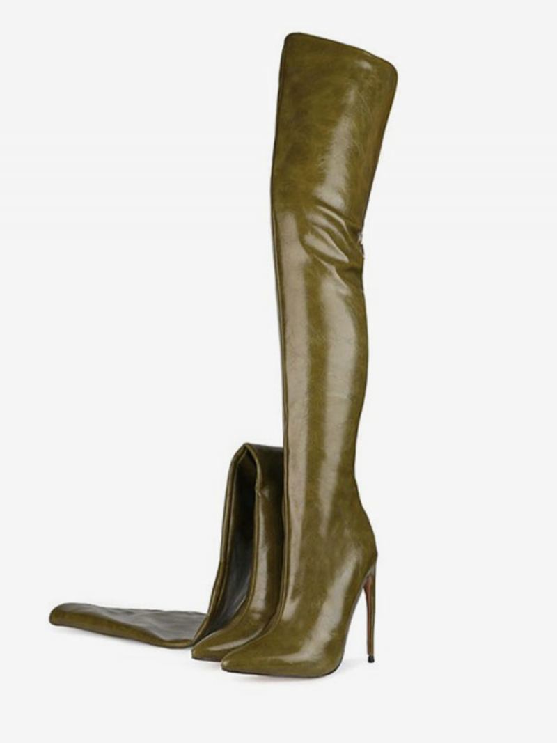 Botas Femininas Cano Alto Em Couro Pu Borgonha Bico Fino Stiletto Salto - Verde Caçador