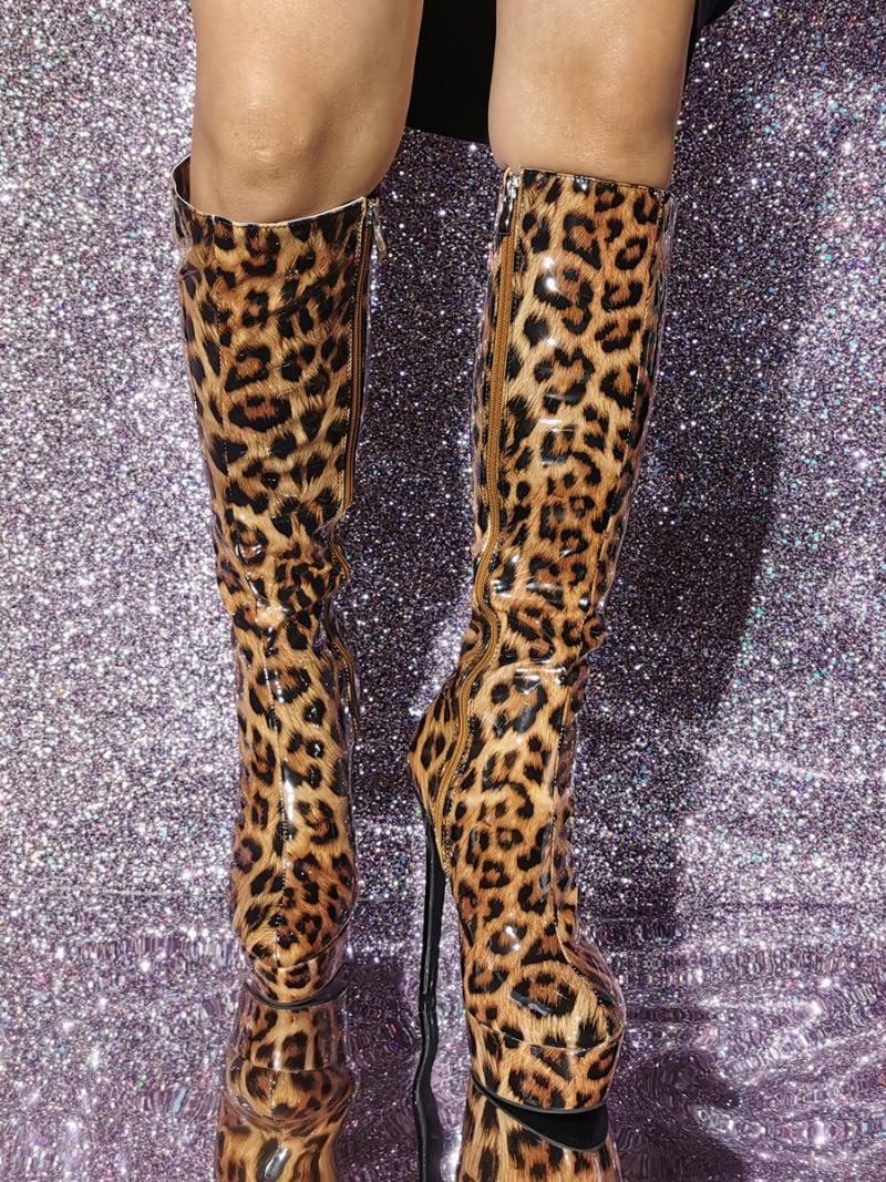 Botas Femininas Cano Alto Em Pu Com Salto Agulha E - Leopardo