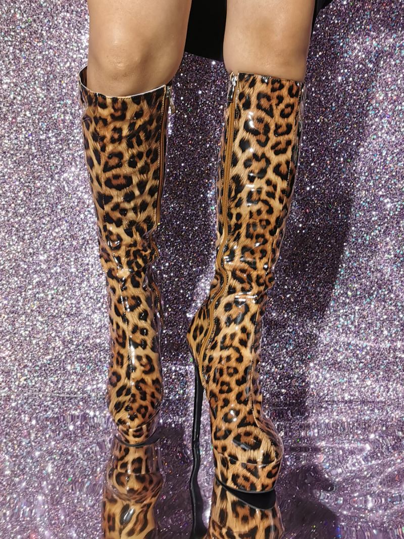 Botas Femininas Cano Alto Em Pu Com Salto Agulha E - Leopardo