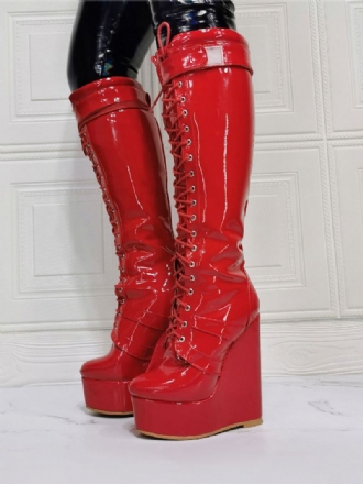 Botas Femininas Cano Alto Em Pu Com Salto Superior Cunha