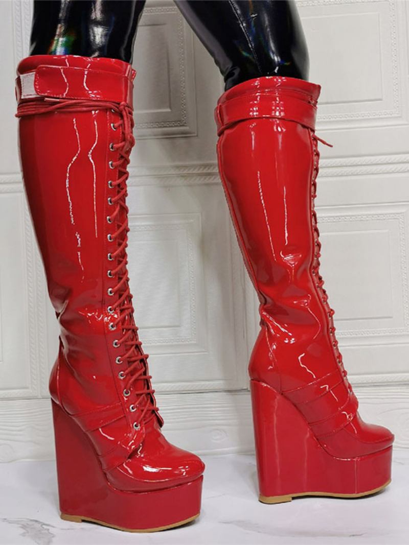 Botas Femininas Cano Alto Em Pu Com Salto Superior Cunha - Vermelho