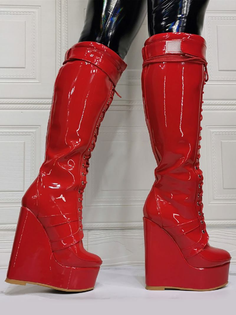 Botas Femininas Cano Alto Em Pu Com Salto Superior Cunha - Vermelho