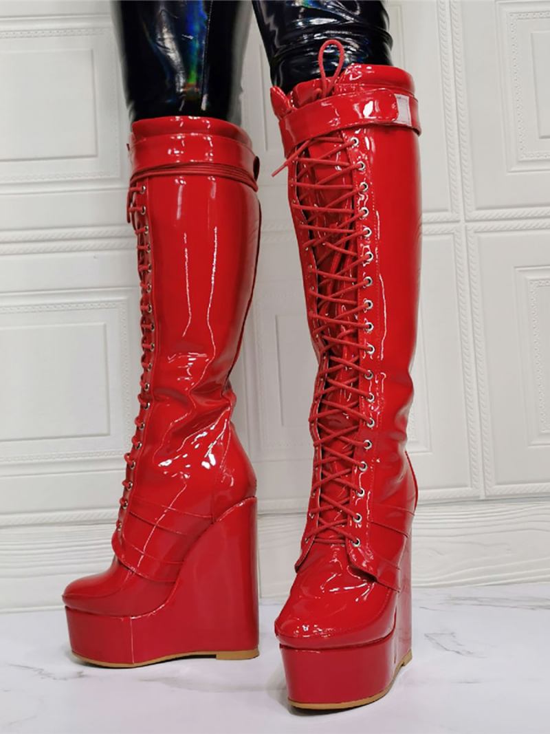 Botas Femininas Cano Alto Em Pu Com Salto Superior Cunha - Vermelho