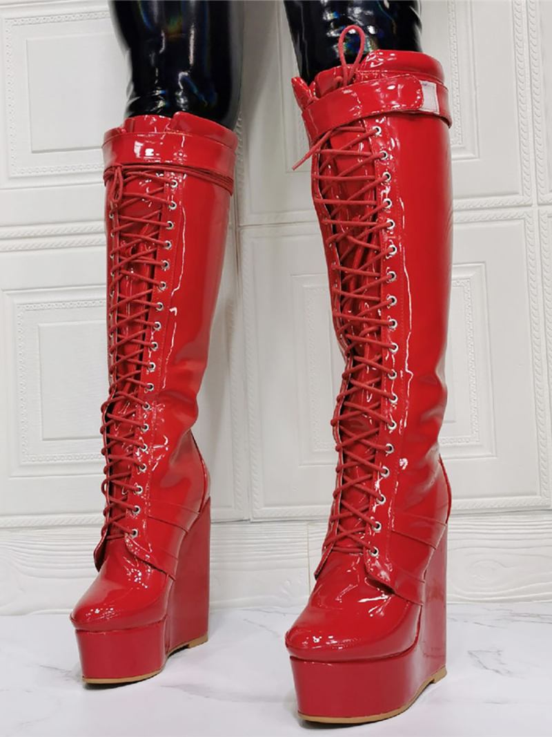 Botas Femininas Cano Alto Em Pu Com Salto Superior Cunha - Vermelho