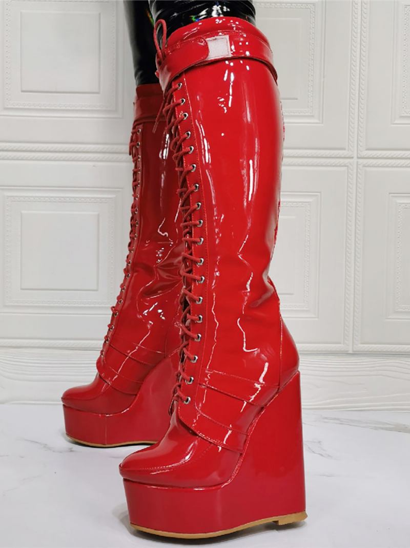 Botas Femininas Cano Alto Em Pu Com Salto Superior Cunha - Vermelho