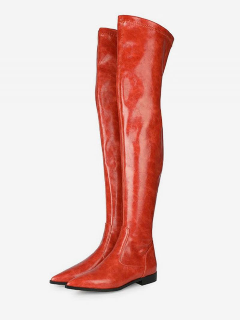 Botas Femininas Cano Alto Laranja Vermelho Couro Pu Bico Fino Salto Plano