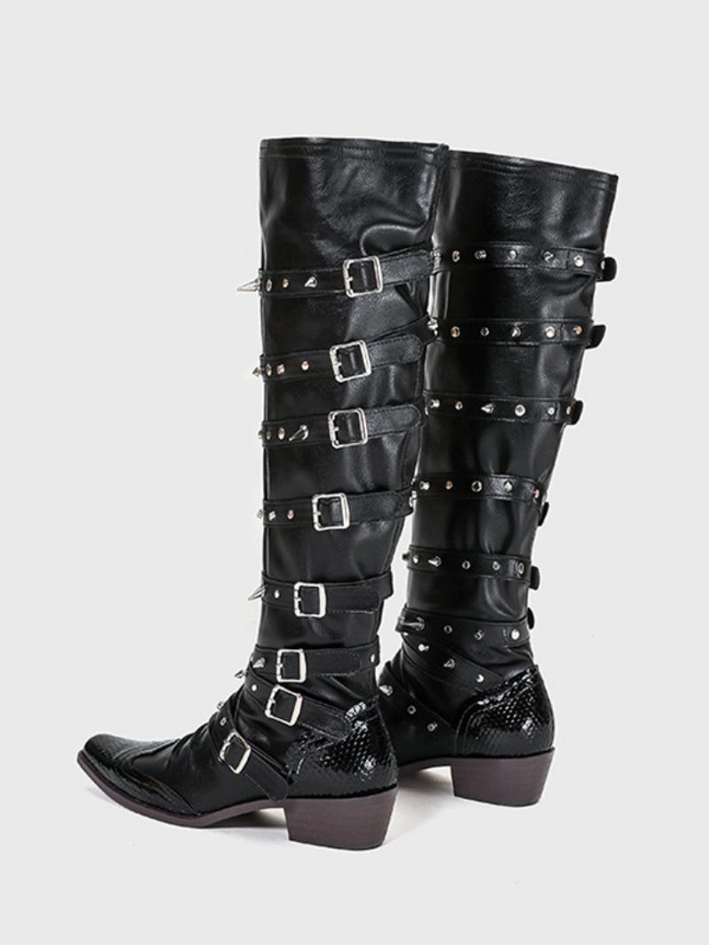 Botas Femininas Cano Alto Pretas Com Bico Fino E Detalhe Fivela Salto Cachorrinho - Preto