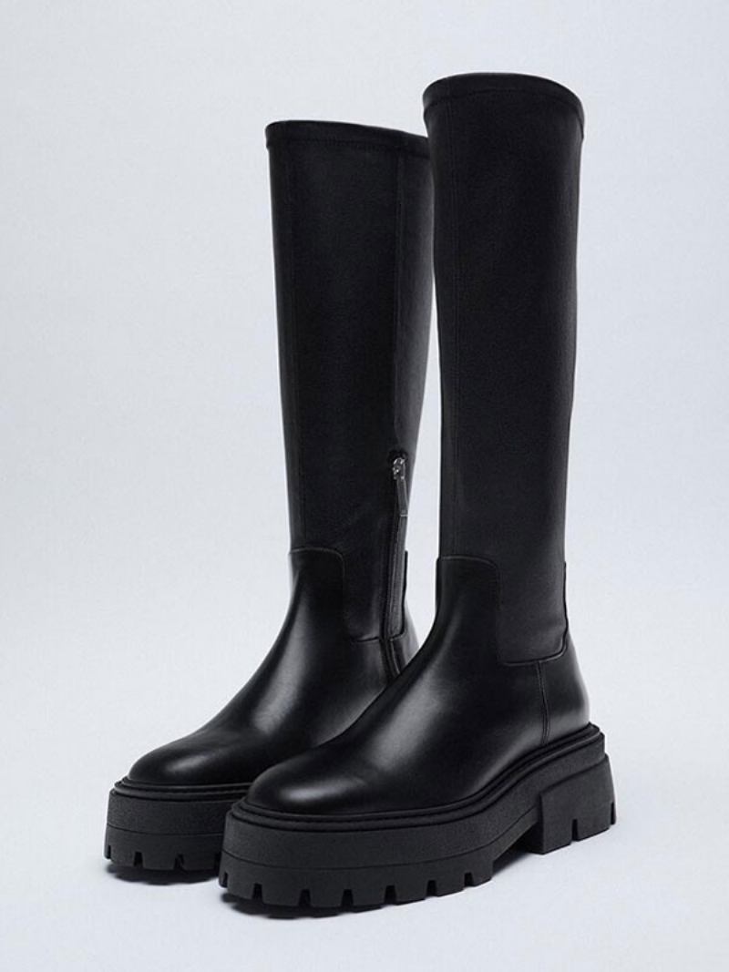 Botas Femininas Cano Alto Pretas Com Plataforma Redonda E Plana