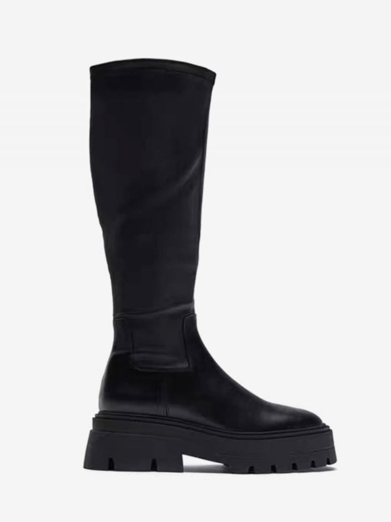 Botas Femininas Cano Alto Pretas Com Plataforma Redonda E Plana - Preto