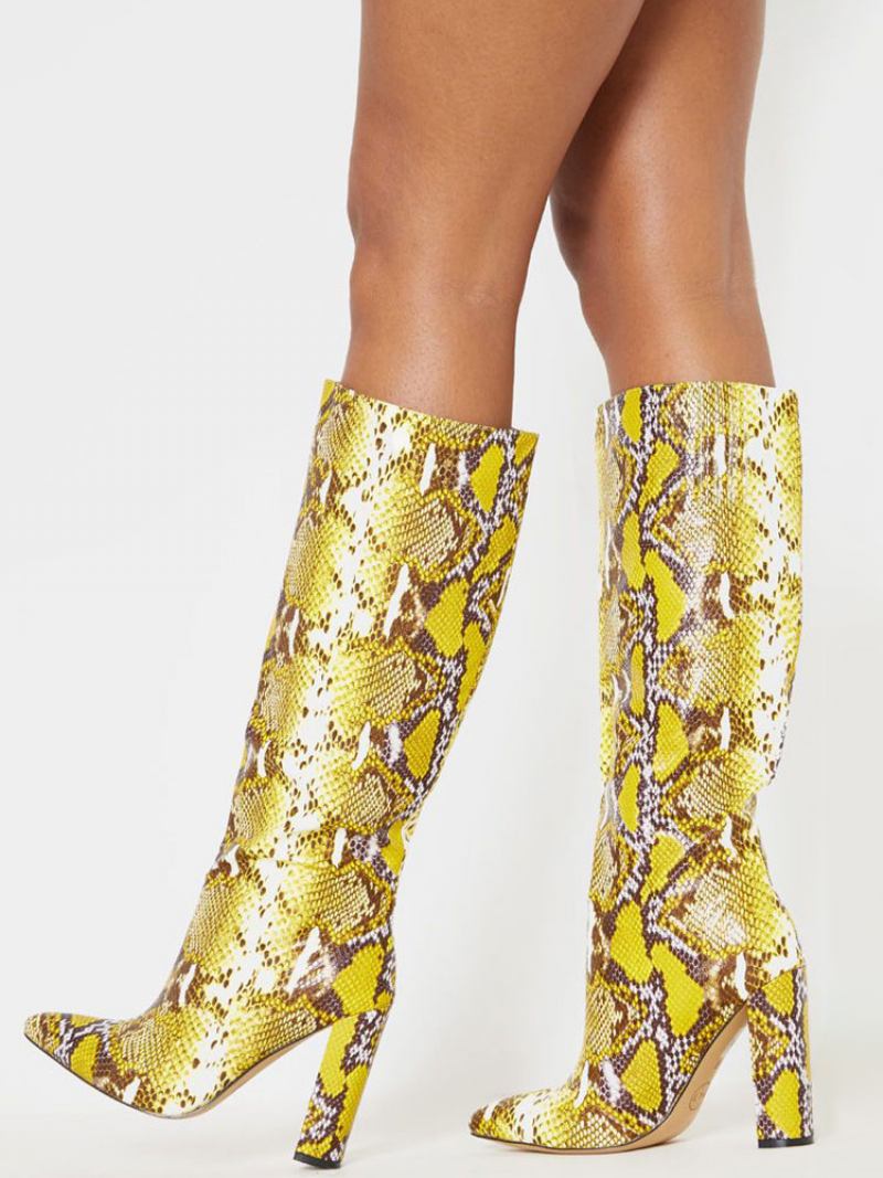 Botas Femininas Cano Alto Python Com Salto Grosso Em Amarelo