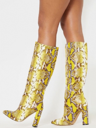 Botas Femininas Cano Alto Python Com Salto Grosso Em Amarelo