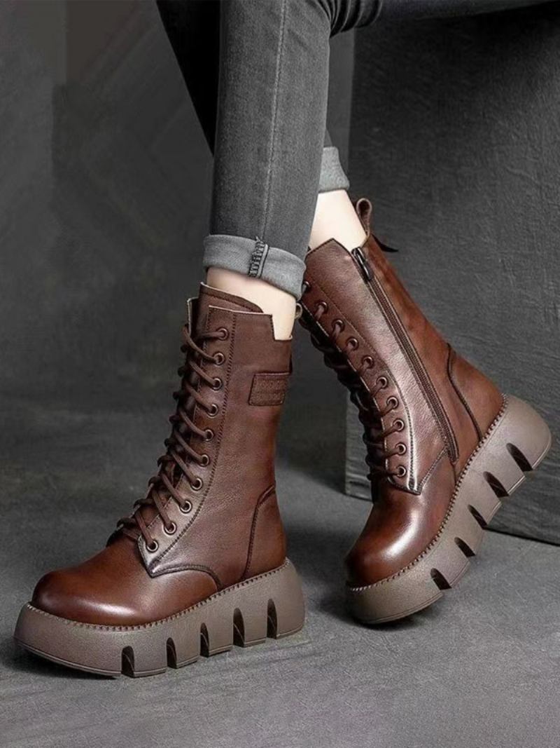 Botas Femininas Cano Curto Com Cadarço E Bico Redondo