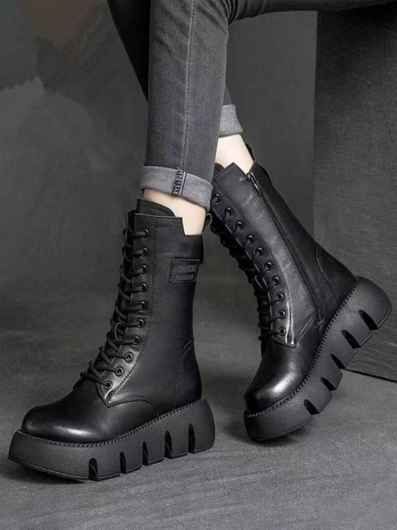 Botas Femininas Cano Curto Com Cadarço E Bico Redondo - Preto