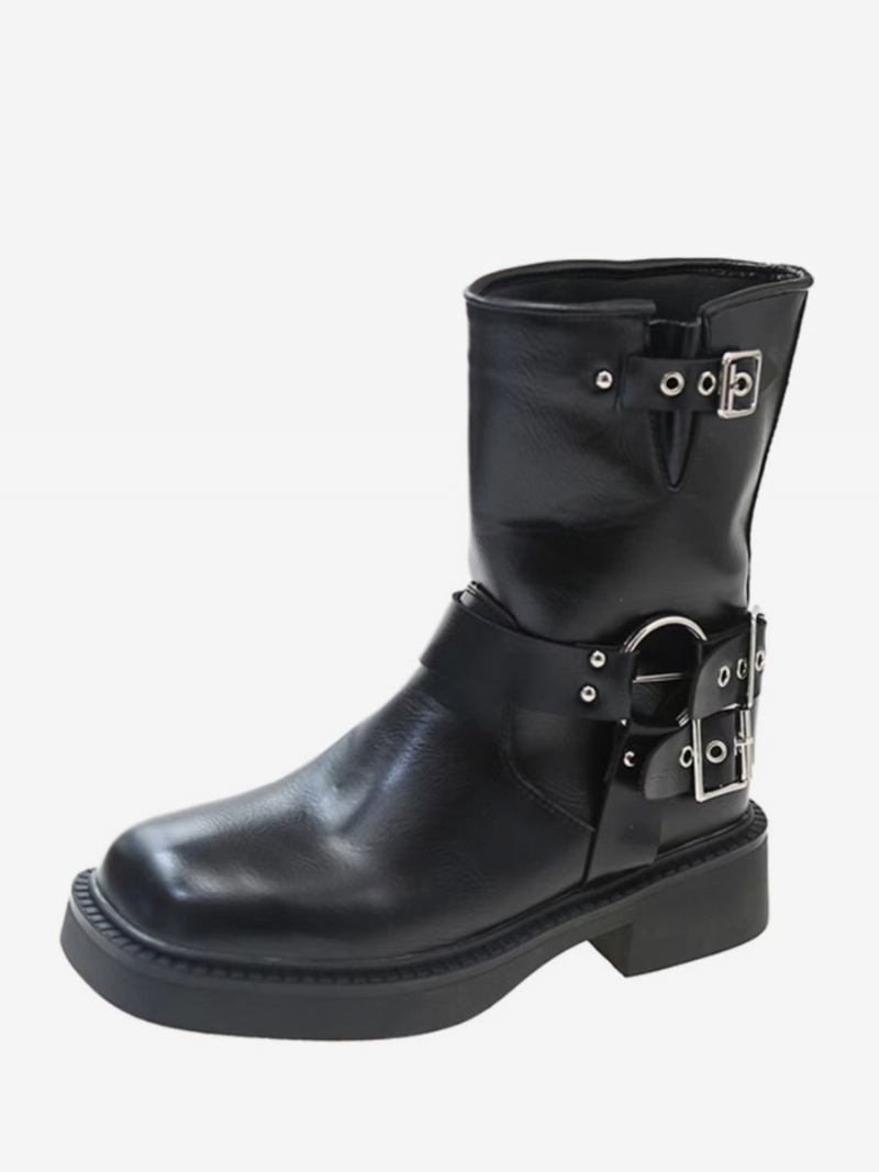 Botas Femininas Cano Curto Marrom Com Bico Redondo E Fivela Detalhes - Preto