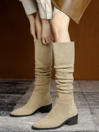 Botas Femininas Cano Médio Camurça Couro Bico Fino Salto Grosso