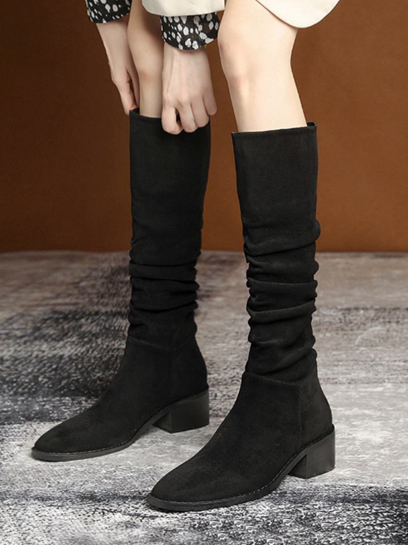 Botas Femininas Cano Médio Camurça Couro Bico Fino Salto Grosso - Preto 