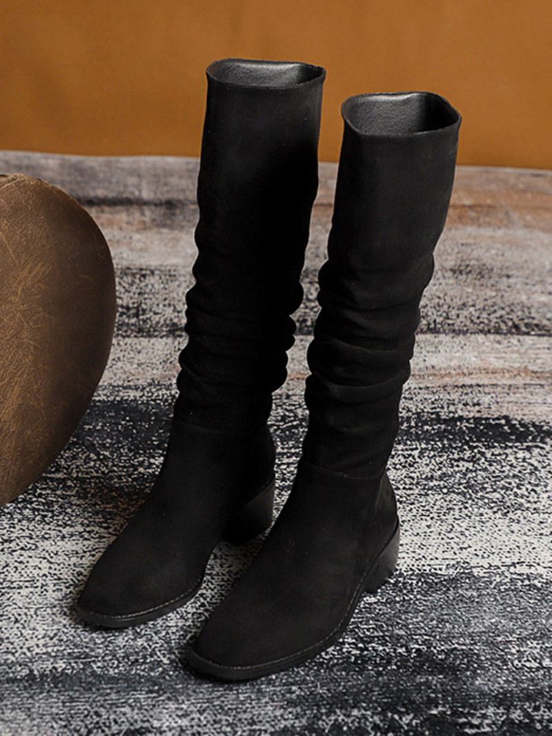 Botas Femininas Cano Médio Camurça Couro Bico Fino Salto Grosso - Preto 