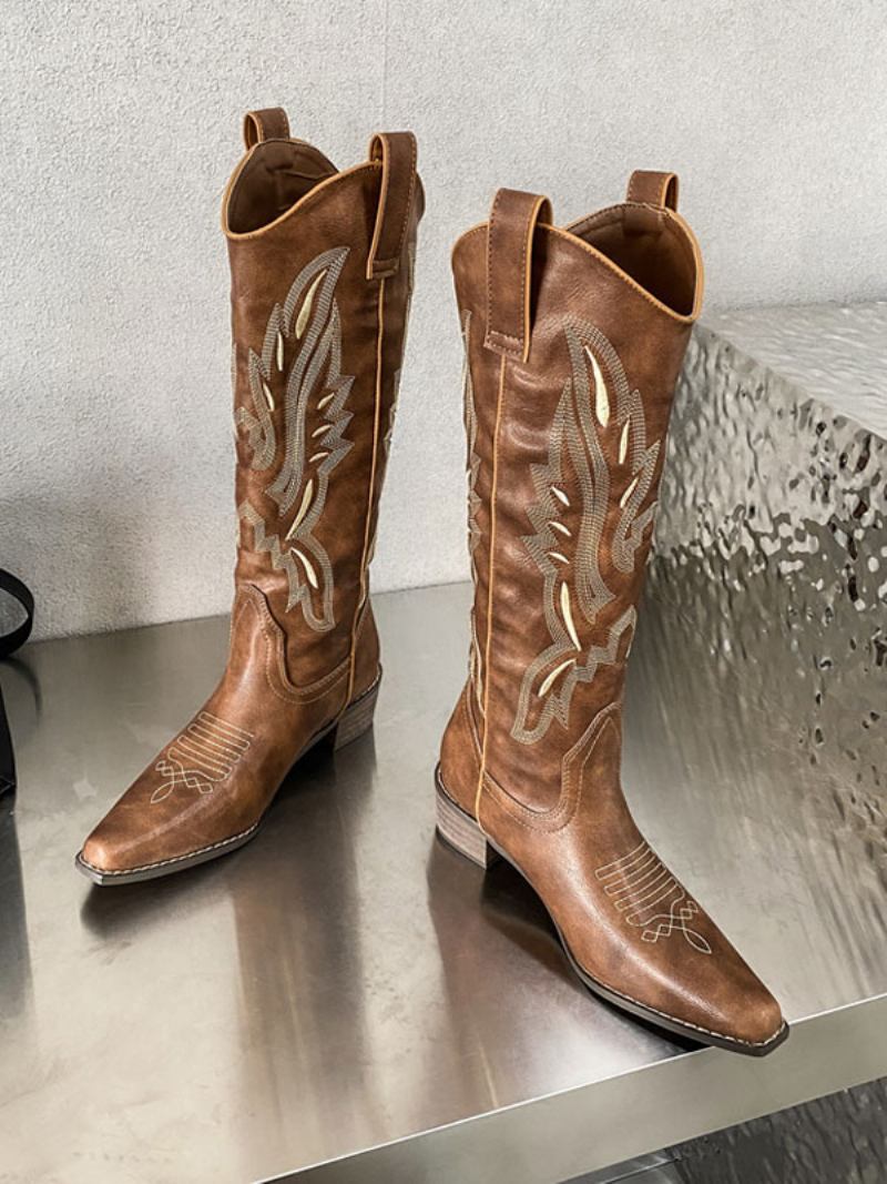 Botas Femininas Cano Médio Com Bico Quadrado E Cowboy Bordadas - Café Marrom