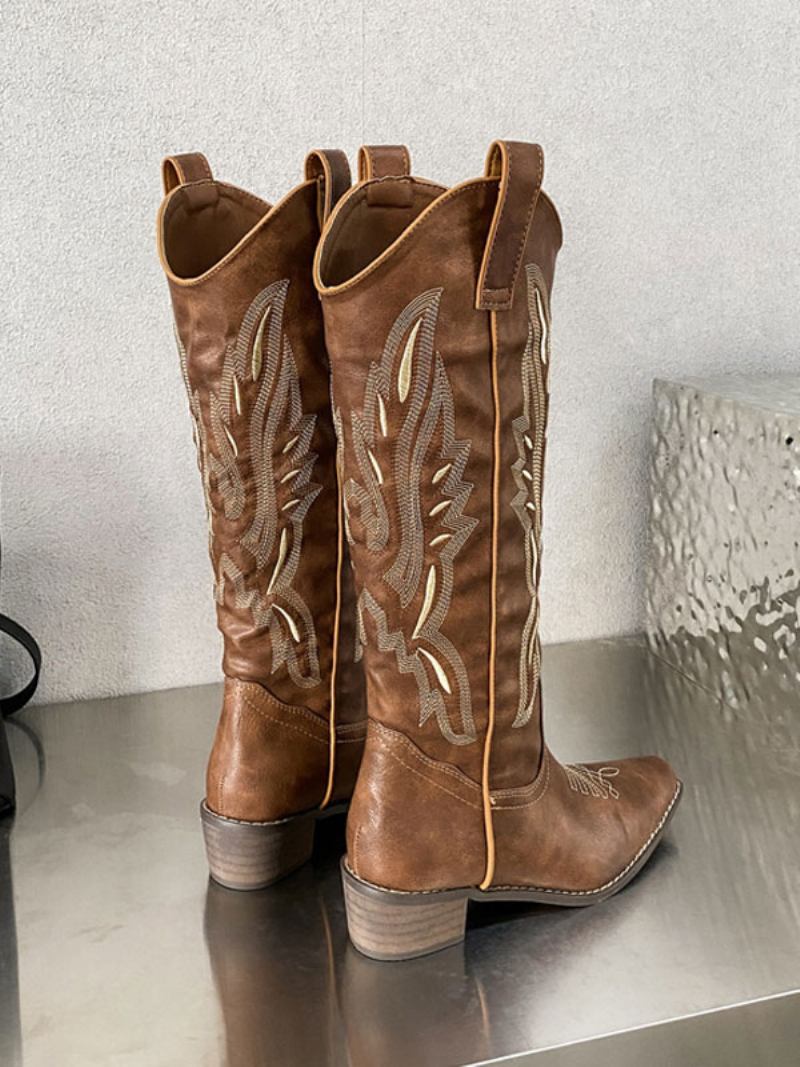 Botas Femininas Cano Médio Com Bico Quadrado E Cowboy Bordadas - Café Marrom