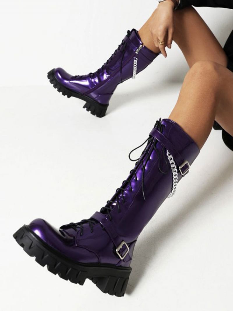 Botas Femininas Cano Médio Com Detalhes Metal Patente Pu Superior Redondo Bico Salto Grosso - Roxo