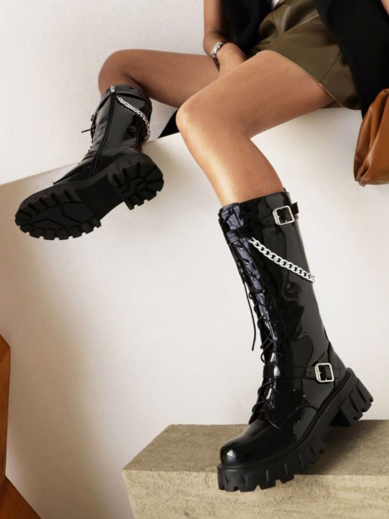 Botas Femininas Cano Médio Com Detalhes Metal Patente Pu Superior Redondo Bico Salto Grosso - Preto