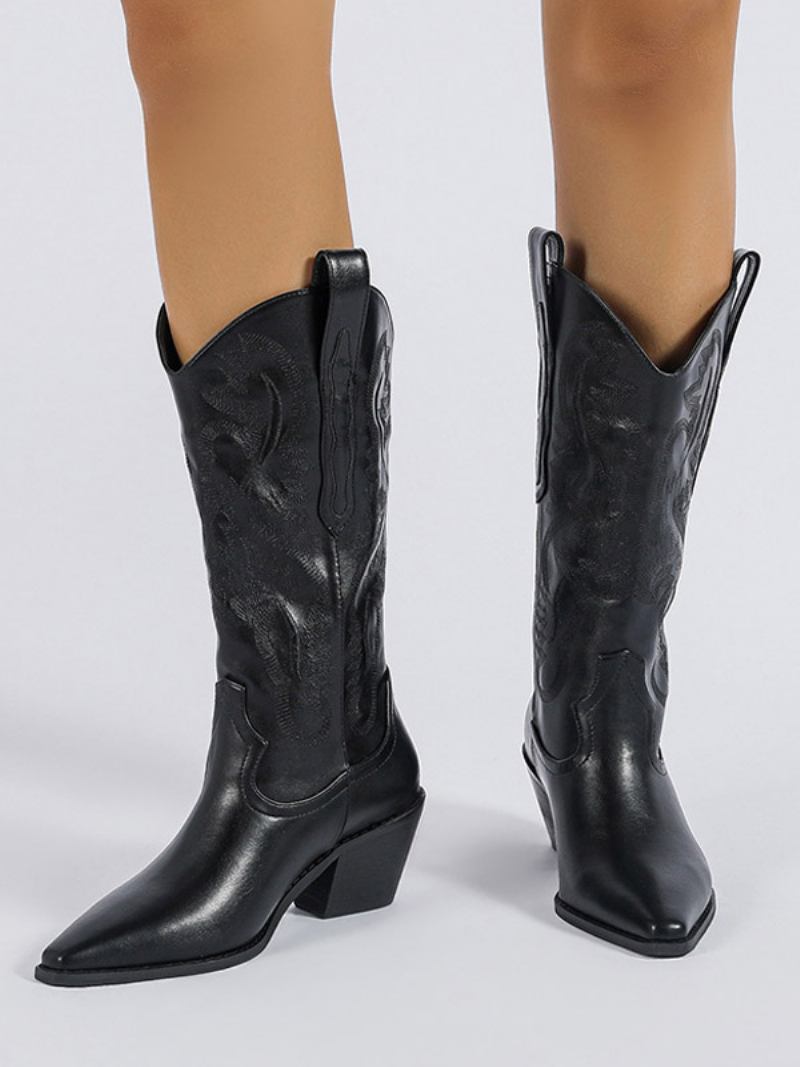 Botas Femininas Cano Médio Com Estampa Couro Pu E Bico Fino Salto Cachorrinho - Preto