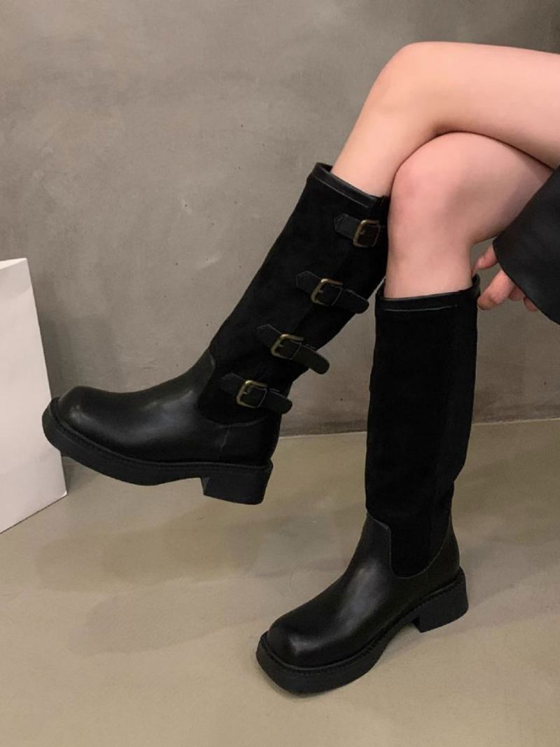 Botas Femininas Cano Médio Com Fivela Em Camurçabotas Equitação Bico Redondo - Preto