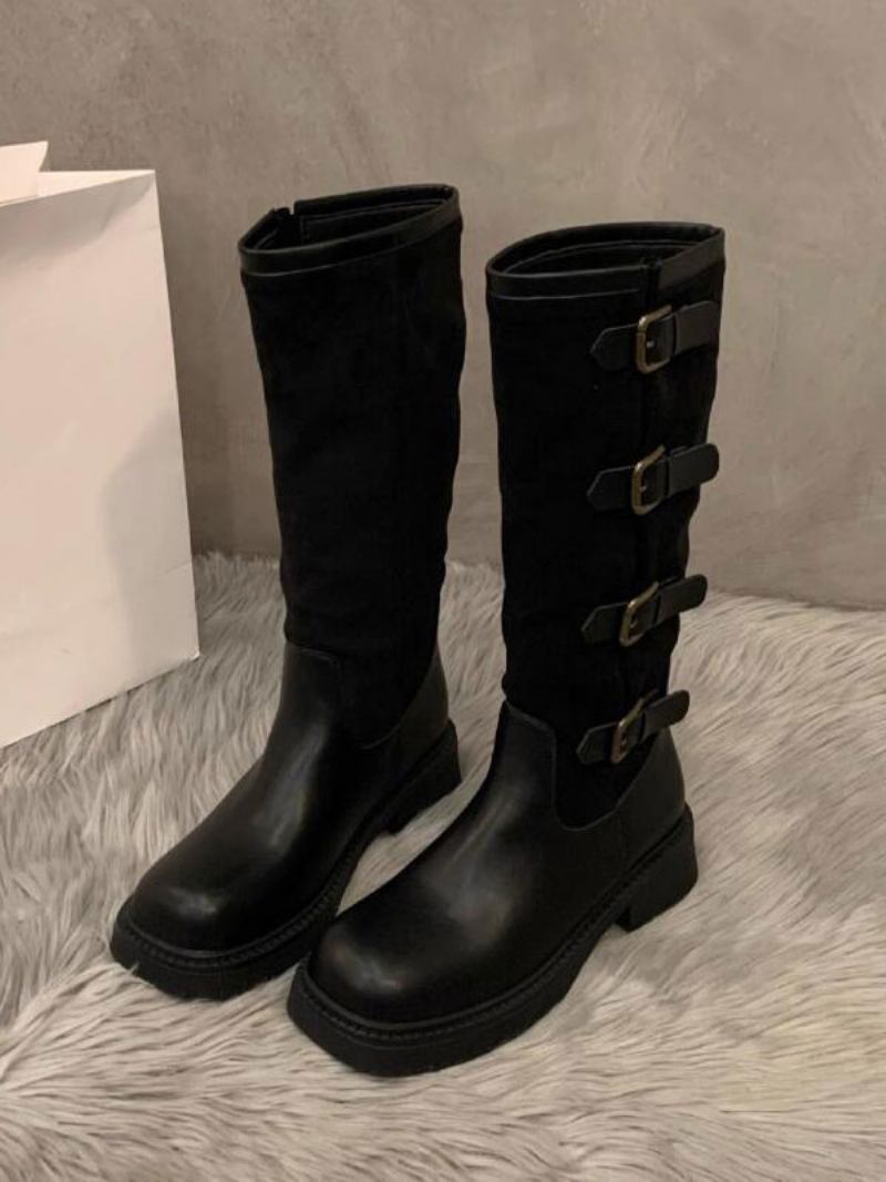 Botas Femininas Cano Médio Com Fivela Em Camurçabotas Equitação Bico Redondo - Preto